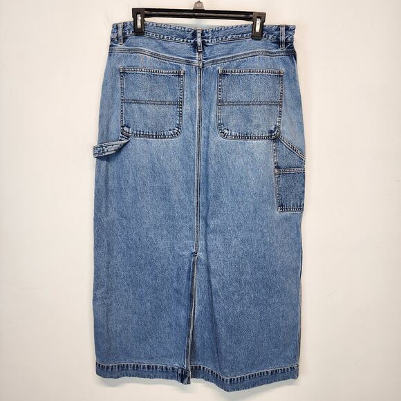 Vintage Bass Denim Maxi Carpenter Skirt Size 12 32" Medium Wash Back Slit Indie - Picture 3 of 12